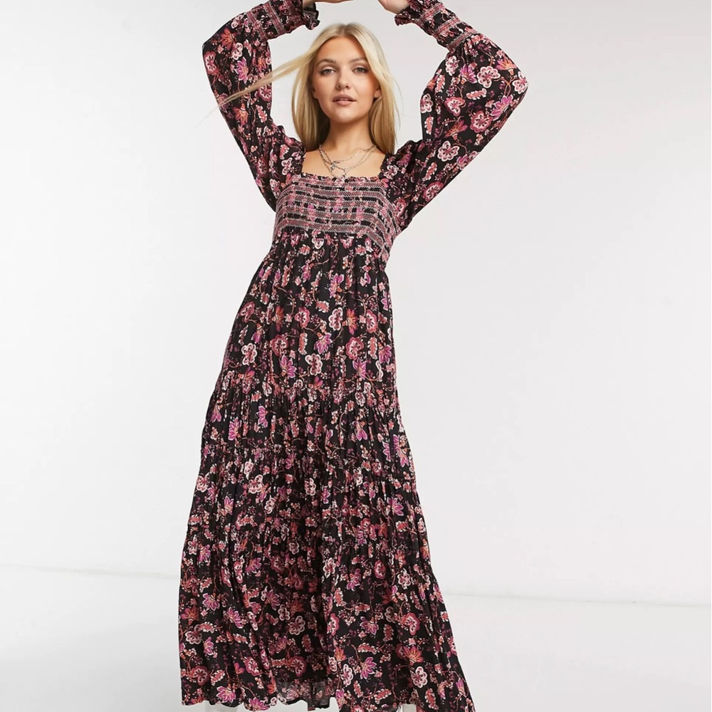 Free People Sweet Escape shirred puff sleeve maxi dress in black size xs